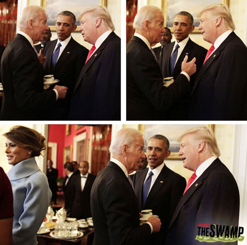 Photographs from the Obama Presidential Library of Donald Trump, Joe Biden, Barack Obama, and Melania Trump.
