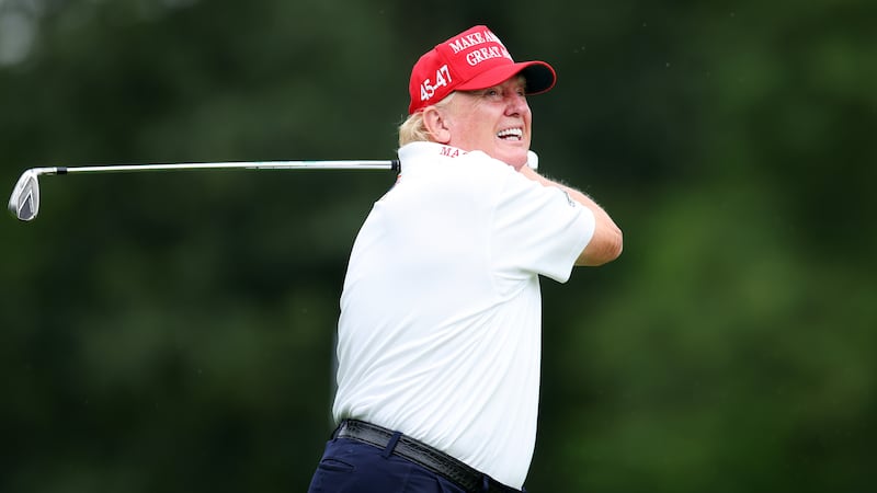 BEDMINSTER, NEW JERSEY - AUGUST 10: Former President Donald Trump follows his tee shot on the 3rd tee during the pro-am prior to the LIV Golf Invitational - Bedminster at Trump National Golf Club on August 10, 2023 in Bedminster, New Jersey. (Photo by Mike Stobe/Getty Images)
