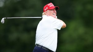 BEDMINSTER, NEW JERSEY - AUGUST 10: Former President Donald Trump follows his tee shot on the 3rd tee during the pro-am prior to the LIV Golf Invitational - Bedminster at Trump National Golf Club on August 10, 2023 in Bedminster, New Jersey. (Photo by Mike Stobe/Getty Images)
