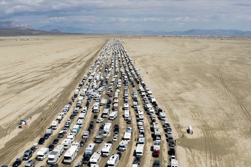 Vehicles are seen departing the Burning Man festival in Black Rock City, Nevada, U.S., September 4, 2023. REUTERS/Matt Mills McKnight     TPX IMAGES OF THE DAY