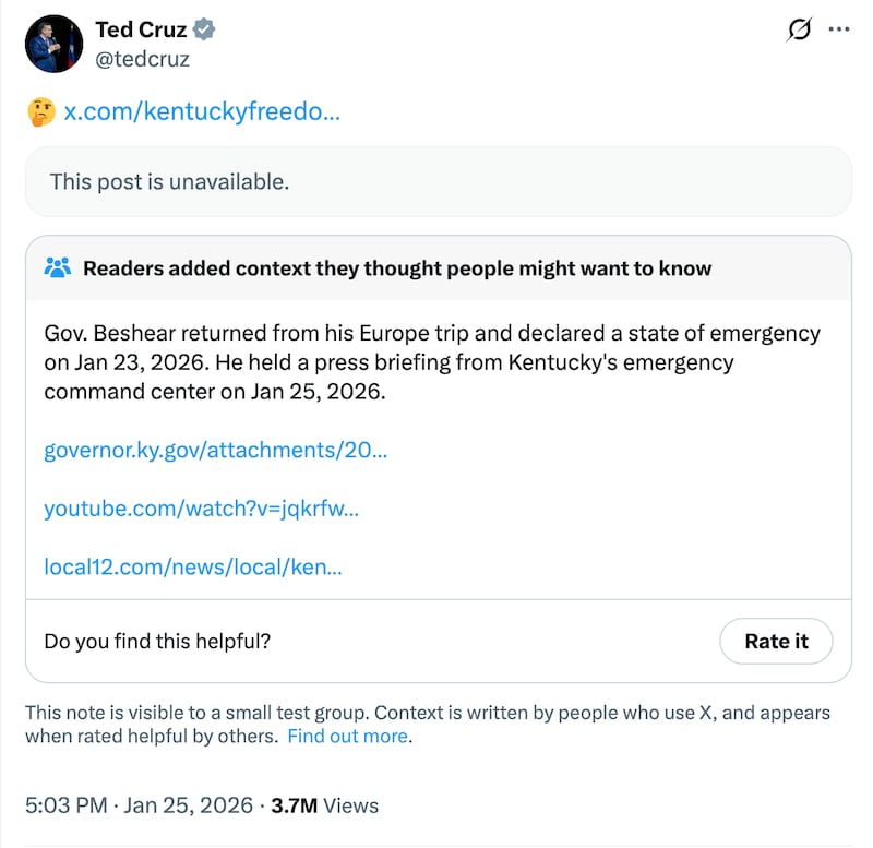 Cruz's attempt to embarrass Andy Beshear backfired with a community note, and the original allegation deleted.