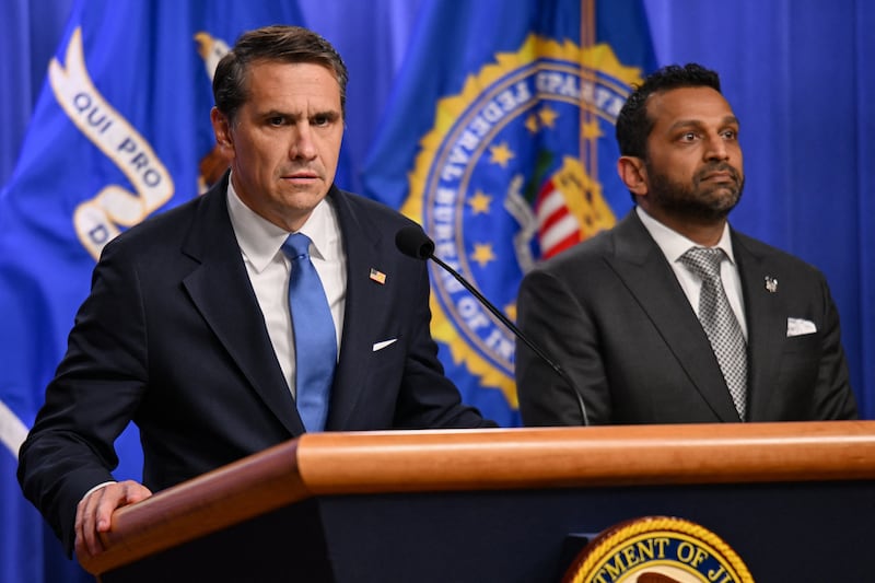 Acting U.S. Attorney General Todd Blanche speaks as Federal Bureau of Investigation (FBI) Director Kash Patel