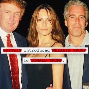 A photo illustration of Trump, Melania, Jeffrey Epstein, with an excerpt from the DOJ Epstein files release.
