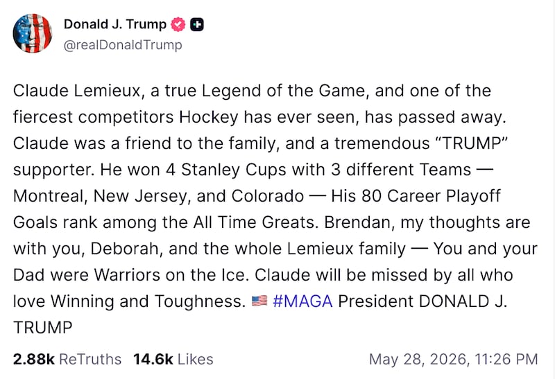 Trump's Truth Social post in response to Claude Lemieux
