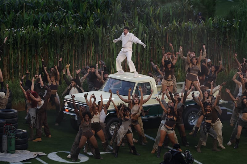 Bad Bunny performs the halftime show during the Seattle Seahawks versus the New England Patriots Super Bowl LX game.