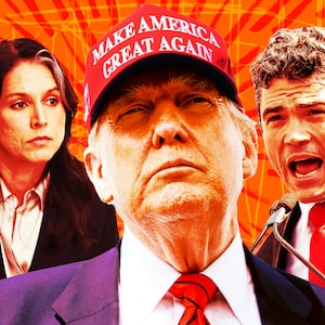 A photo illustration of Tulsi Gabbard, Donald Trump, and Joe Kent.