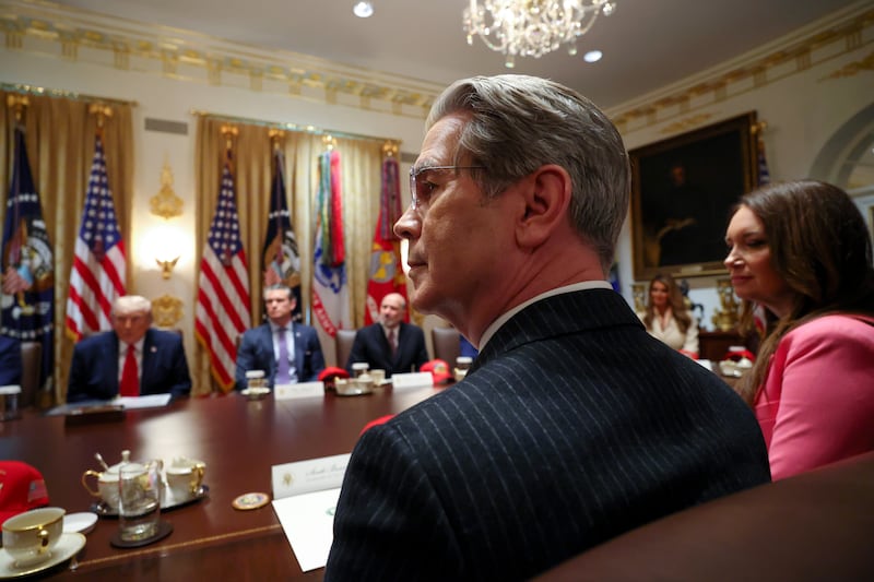 WASHINGTON, DC - MAY 27: U.S. Treasury Secretary Scott Bessent (C) and U.S. Secretary of Agriculture Brooke Rollins (R) look on during a Cabinet meeting in the Cabinet Room of the White House on May 27, 2026 in Washington, DC. Trump meets with his Cabinet days after saying a peace deal with Iran was “largely negotiated” amid expectations around the re-opening the Strait of Hormuz. (Photo by Win McNamee/Getty Images)