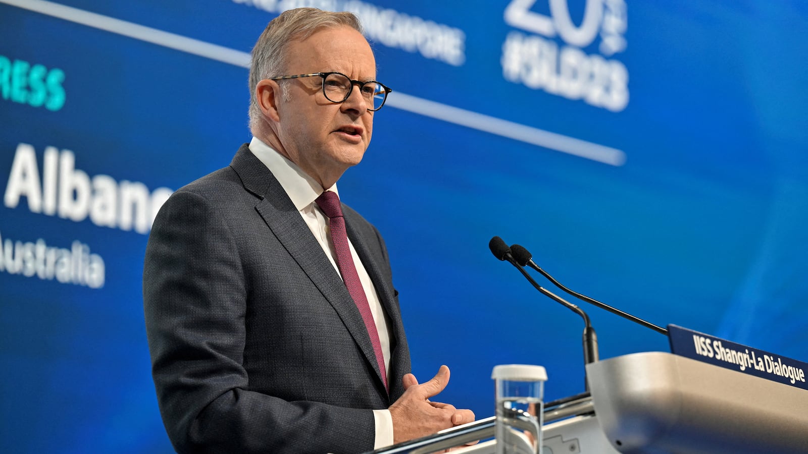 Australian Prime Minister Anthony Albanese gives the keynote address for the 20th IISS Shangri-La Dialogue in Singapore, June 2, 2023.
