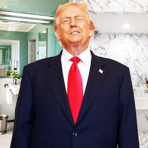 A photo illustration of Donald Trump in front of the before and after of the White House's Lincoln Bathroom renovation.