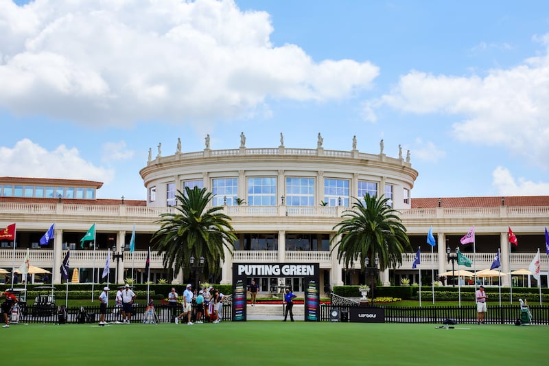 A view of the putting green with the clubhouse in the background during a LIV Golf Miami practice round at Trump National Doral. Mandatory
