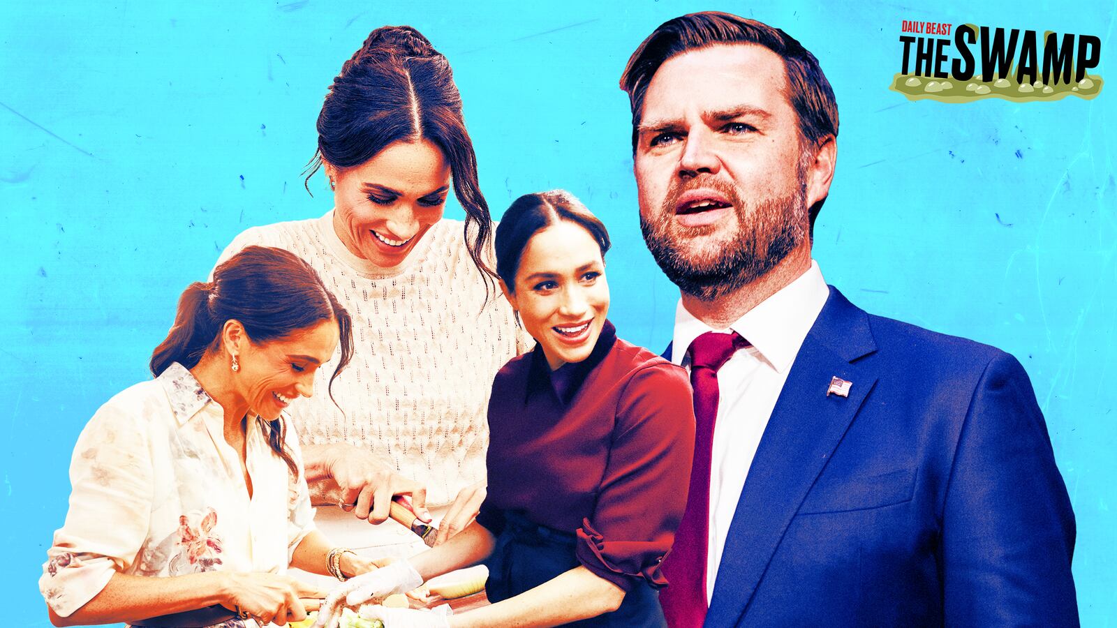 A photo illustration of Meghan Markle cooking and Vice President JD Vance on a light blue background.