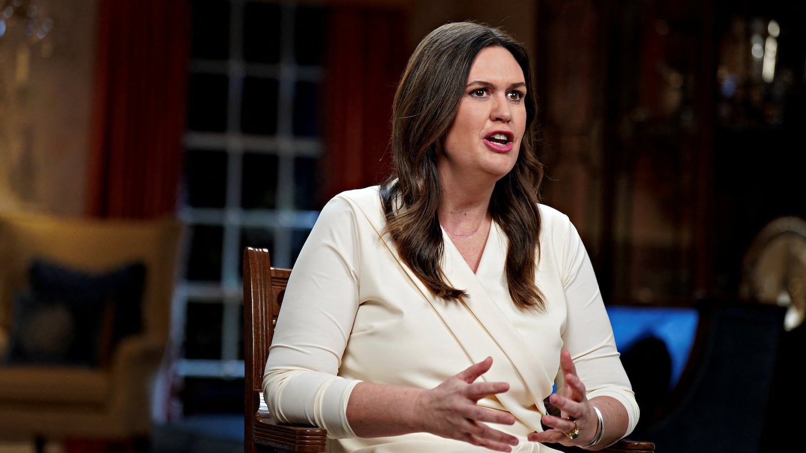 Sarah Huckabee Sanders, governor of Arkansas, speaks while delivering the Republican response to President Biden's State of the Union address.