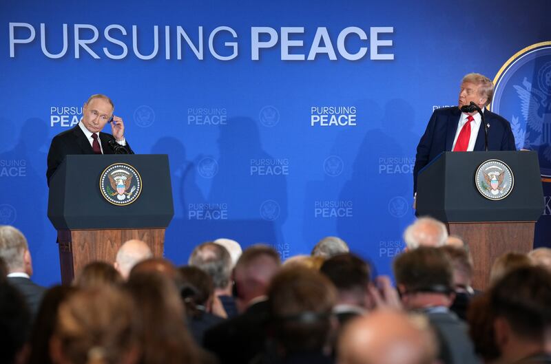 President Donald Trump (R) and Russian President Vladimir Putin hold a press conference at Joint Base Elmendorf-Richardson on August 15, 2025 in Anchorage, Alaska.