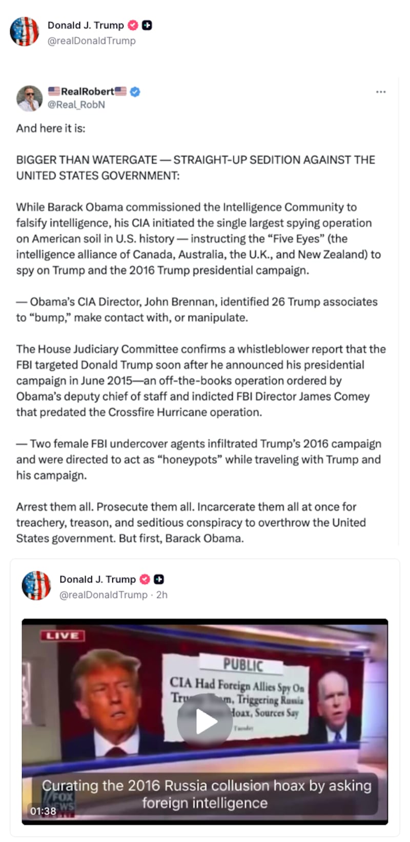 Trump Truth Social post accusing Obama of sedition