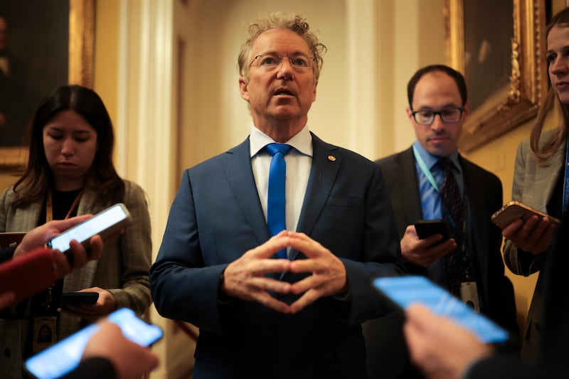Sen. Rand Paul (R-KY) speaks to reporters before the weekly Republican Senate policy luncheon at the U.S. Capitol on April 01, 2025 in Washington, DC