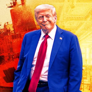 A photo illo illustration of Donald Trump, a damaged tanker in the Strait of Hormuz, and Trump's White House ballroom.