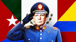 Donald Trump dressed as a dictator standing in front of of flags of Cuba, Mexico and Colombia