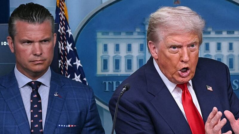TOPSHOT - US President Donald Trump, alongside Secretary of Defense Pete Hegseth (L) and Attorney General Pam Bondi (R),  speaks during a news conference to discuss crime in Washington, DC, in the Brady Press Briefing Room at the White House in Washington, DC, on August 11, 2025. President Donald Trump announced Monday that he was deploying National Guard troops and putting the Washington police force under federal control to tackle crime in the US capital. "This is Liberation Day in DC, and we're going to take our capital back," Trump said at a White House press conference. (Photo by ANDREW CABALLERO-REYNOLDS / AFP) (Photo by ANDREW CABALLERO-REYNOLDS/AFP via Getty Images)
