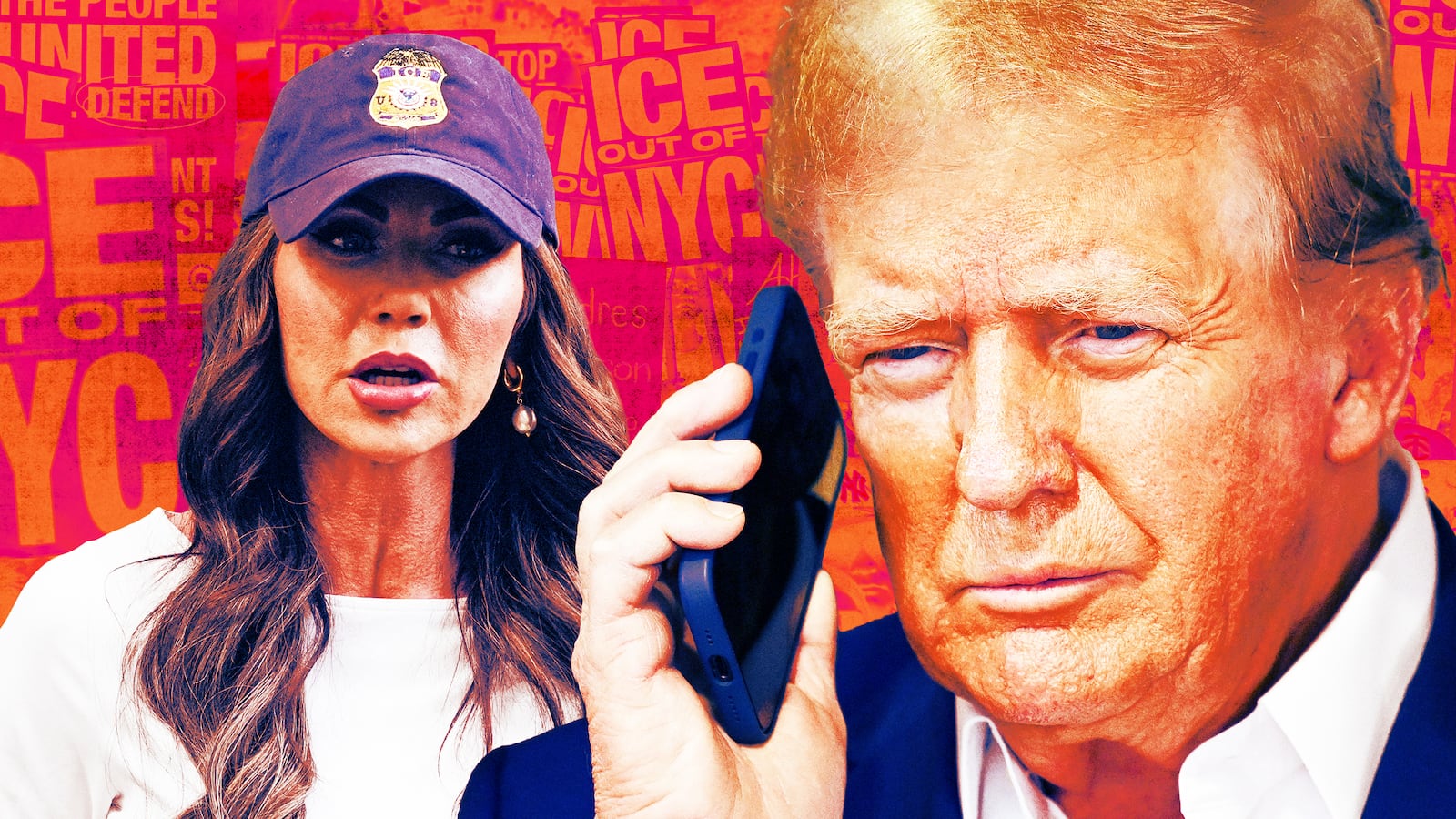 A photo illustration of Kristi Noem and President Donald Trump and a photo of ICE protests.