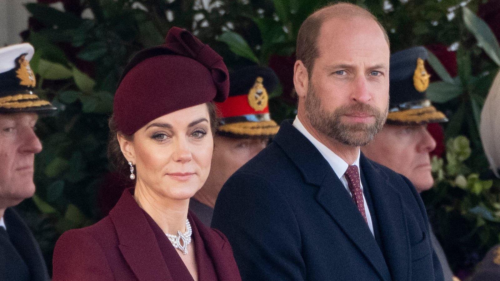 Prince William, Prince of Wales and Catherine, Princess of Wales during the Ceremonial Welcome on Horseguards Parade during day one of The Amir of the State of Qatar's visit to the United Kingdom on December 3, 2024 in London, England. His Highness Sheikh Tamim bin Hamad Al Thani, Amir of the State of Qatar, accompanied by Her Highness Sheikha Jawaher bint Hamad bin Suhaim Al Thani, will hold several engagements with The Prince and Princess of Wales, The King and Queen as well as political figures.