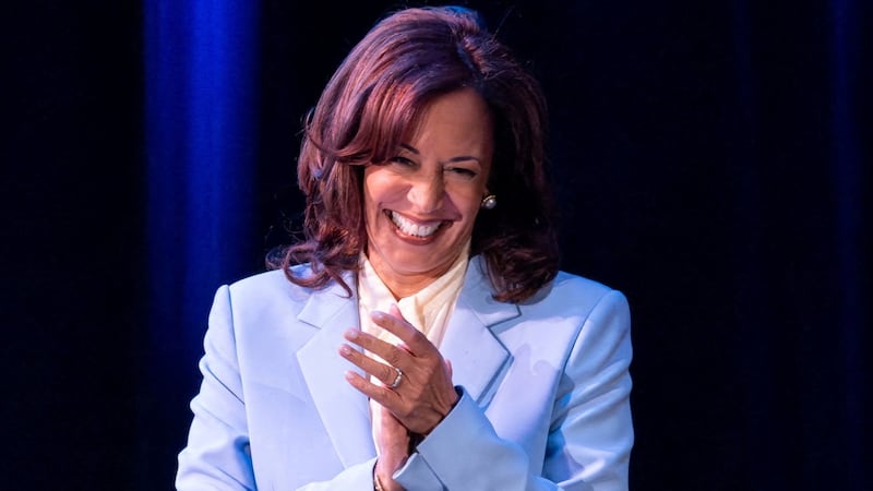 Former U.S. Vice President Kamala Harris, who was the Democratic Party's nominee for the presidency in 2024, reacts during a stop on her book tour in Columbia, South Carolina, U.S. April 16, 2026.