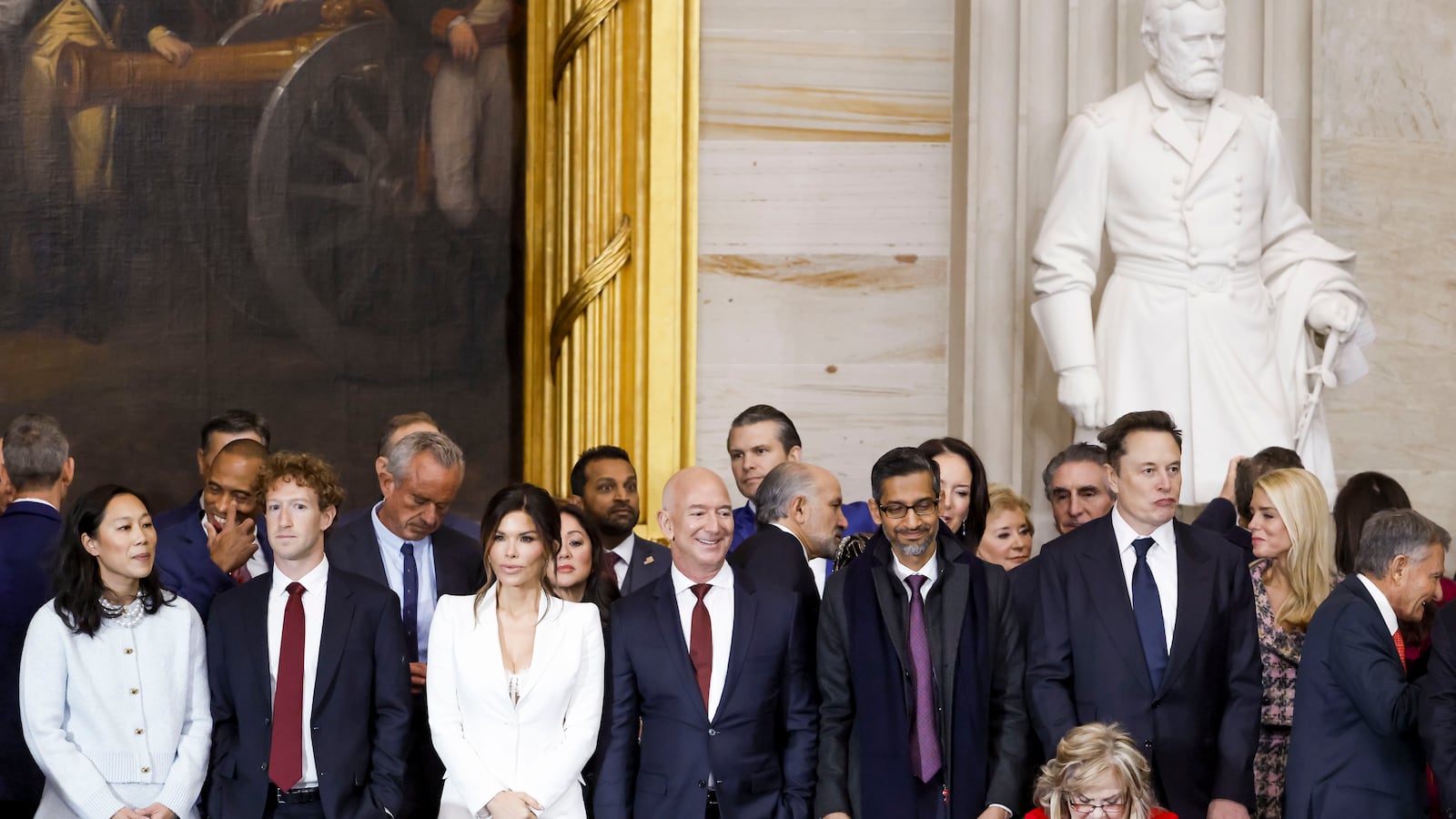 Priscilla Chan, Meta CEO Mark Zuckerberg, Lauren Sanchez, businessman Jeff Bezos, Alphabet's CEO Sundar Pichai, and businessman Elon Musk, among other dignitaries, attend the United States Capitol on January 20, 2025 in Washington, DC.