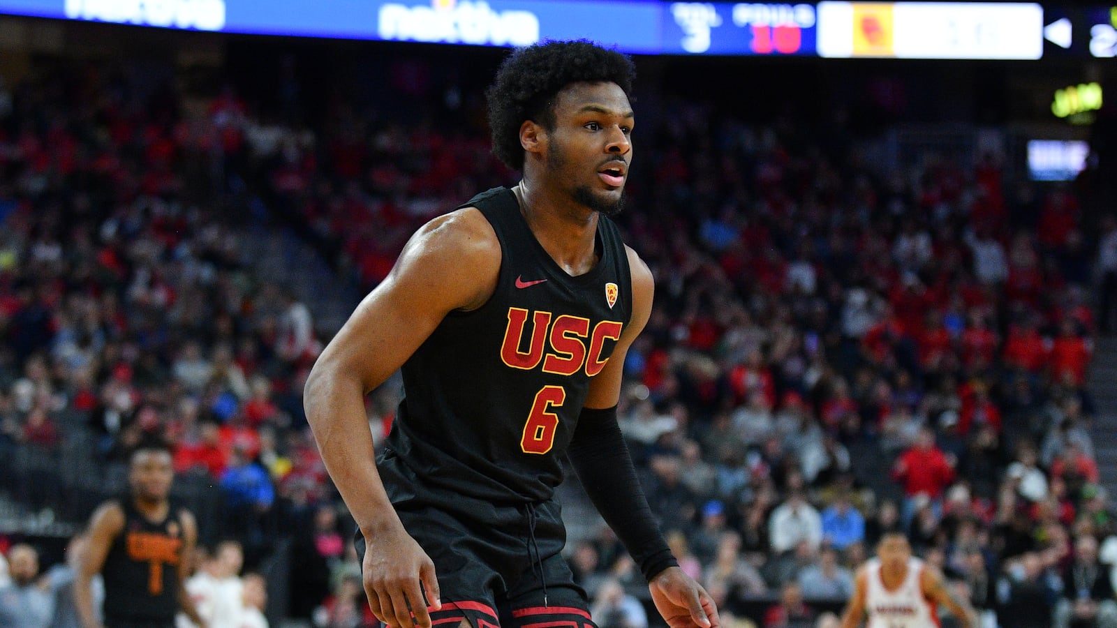 USC Trojans guard Bronny James looks on during a game.