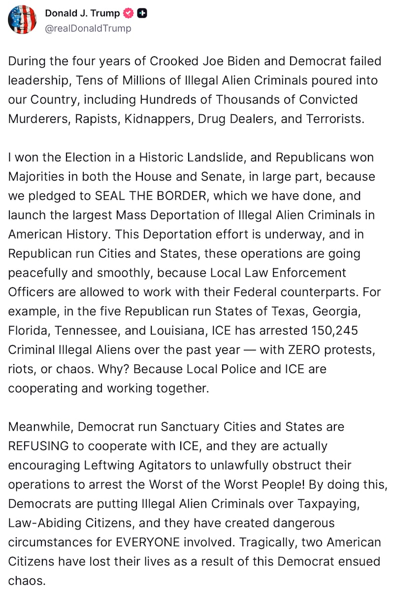 Donald Trump posts about Democrats on Truth Social.