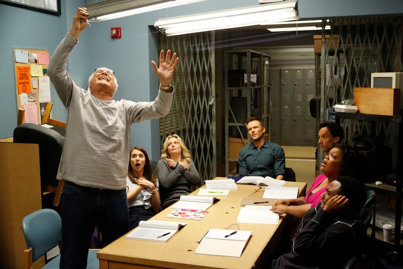 COMMUNITY -- ?Economics Of Marine Biology? Episode 406 -- Pictured: (l-r) Chevy Chase as Pierce, Alison Brie as Annie, Gillian Jacobs as Britta, Joel McHale as Jeff Winger, Danny Pudi as Abed, Yvette Nicole Brown as Shirley, Donald Glover as Troy -- (Photo by: Vivian Zink/NBCU Photo Bank/NBCUniversal via Getty Images via Getty Images)