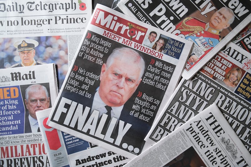 In this photo illustration, the front page of the Daily Mirror newspaper with an image of Andrew Mountbatten Windsor is seen on October 31, 2025 in Windsor, England.