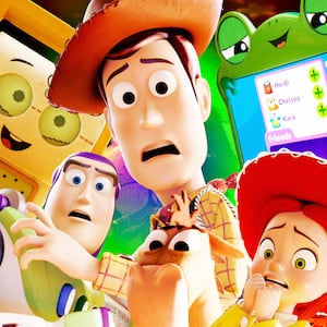 A photo illo illustration of Smarty Pants, Buzz Lightyear, Woody, Bullseye, Lilypad, and Jessie in Toy Story 5.