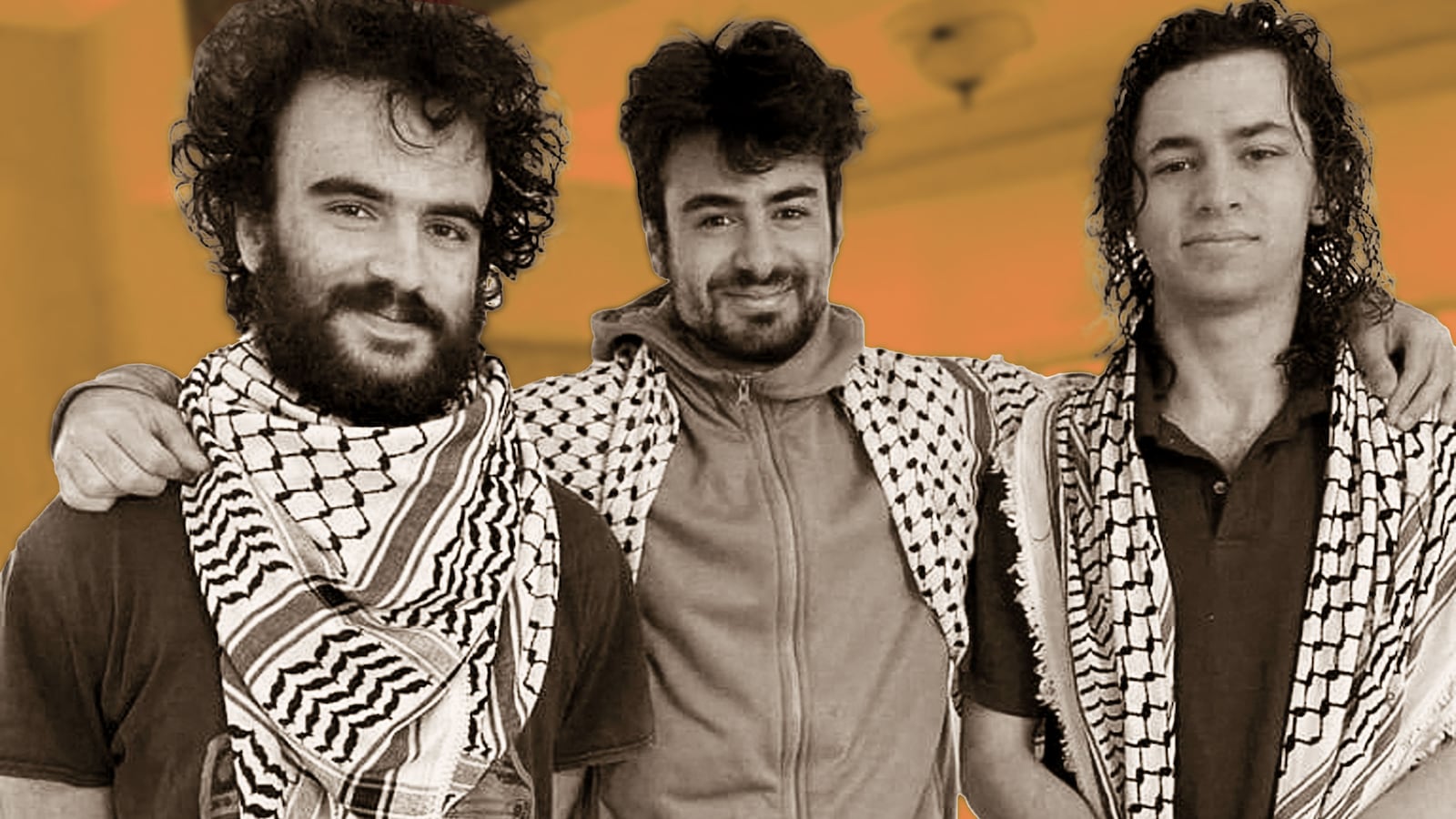 An illustration including photos of Hisham Awartani, Kinnan Abdel Hamid and Tahseen Ahmed