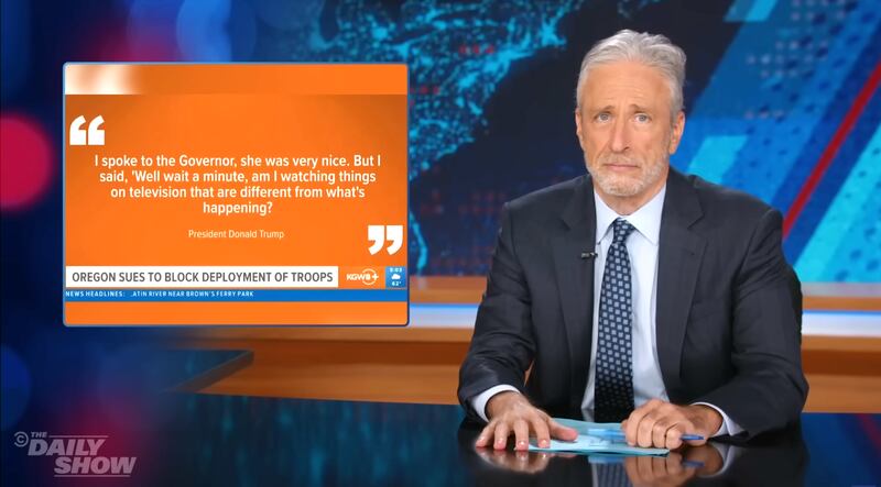 The Daily Show, Jon Stewart reacting to Trump quote on Portland.