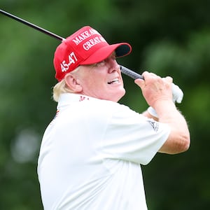 BEDMINSTER, NEW JERSEY - AUGUST 10: Former President Donald Trump follows his tee shot during the pro-am prior to the LIV Golf Invitational - Bedminster at Trump National Golf Club on August 10, 2023 in Bedminster, New Jersey. (Photo by Mike Stobe/Getty Images)