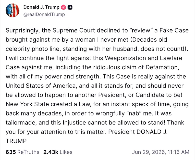Trump reacts to the Supreme Court not taking up the E. Jean Carroll appeal.