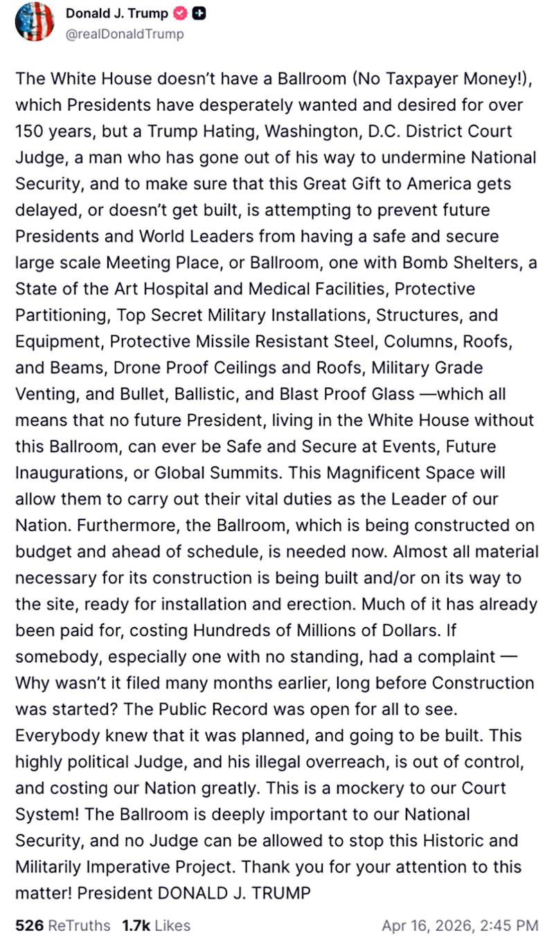 Donald Trump Truth Social post about the judge blocking his White House ballroom construction.