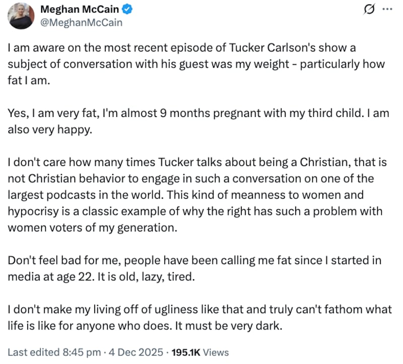 Meghan McCain X post about Tucker Carlson and Milo Yiannopoulos
