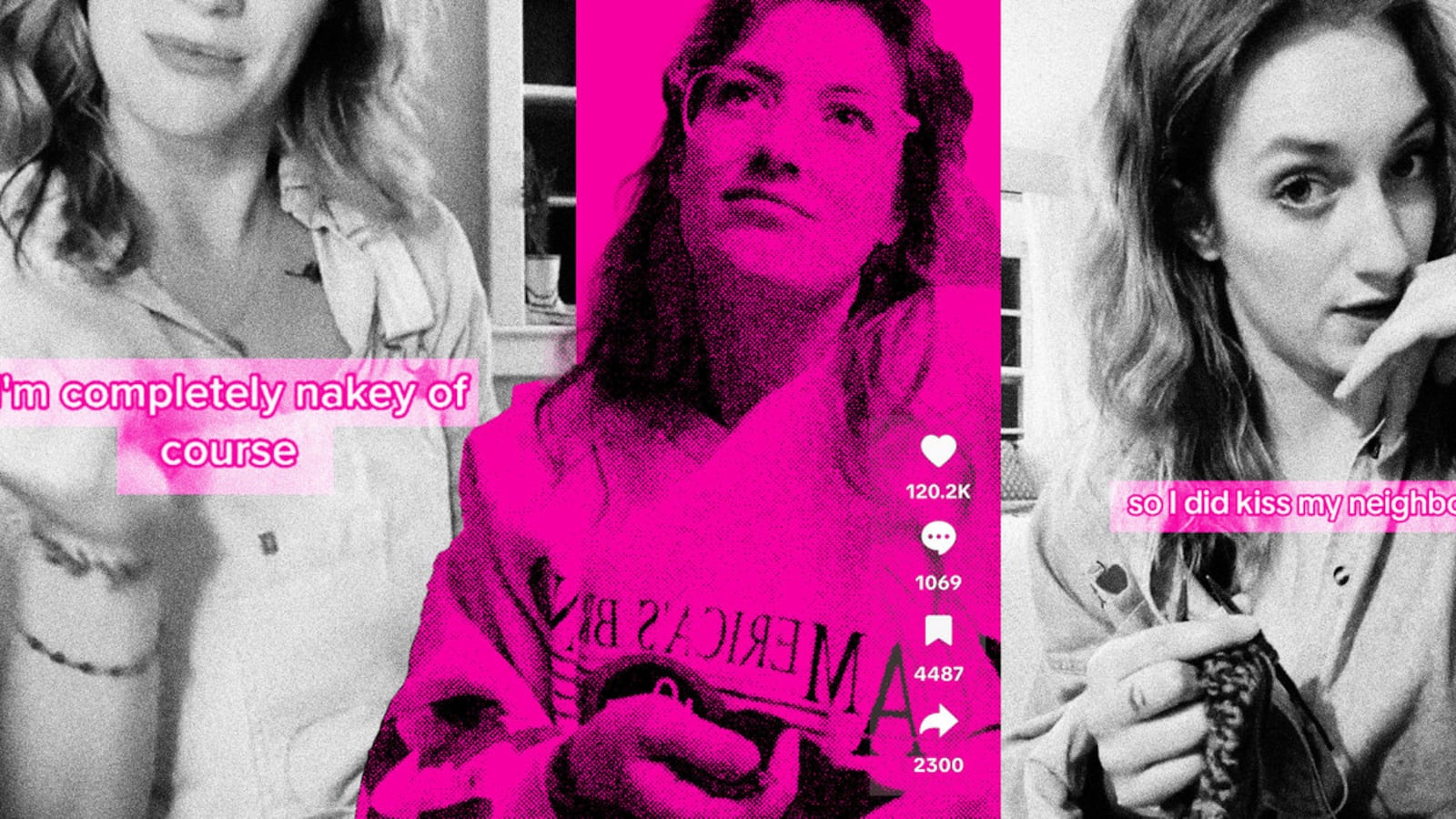 A triptych of screenshots show Summer England in her TikTok videos speaking to the camera, recounting her tales of meeting her neighbor and their romance.