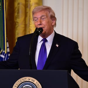 WASHINGTON, UNITED STATES - MARCH 02: U.S. President Donald Trump speaks during a Medal of Honor ceremony in the East Room of the White House in Washington, United States, on March 02, 2026. (Photo by Kyle Mazza/Anadolu via Getty Images)