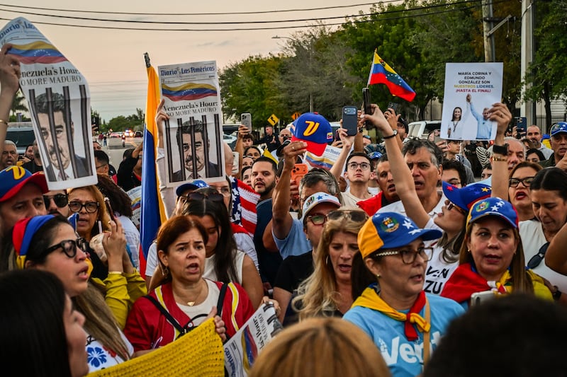 Opponents of ousted Venezuelan President Nicolas Maduro demonstrate in Doral, Florida, on January 4, 2026.