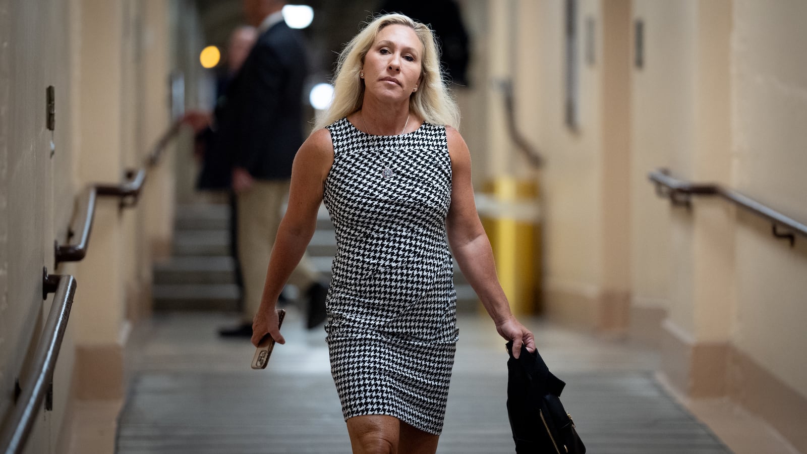 Rep. Marjorie Taylor Greene (R-GA) arrives for a weekly GOP caucus meeting on Capitol Hill on June 4, 2024 in Washington, DC.