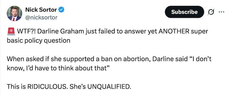 MAGA influencer calls out Sen. Darline Graham for abortion response.