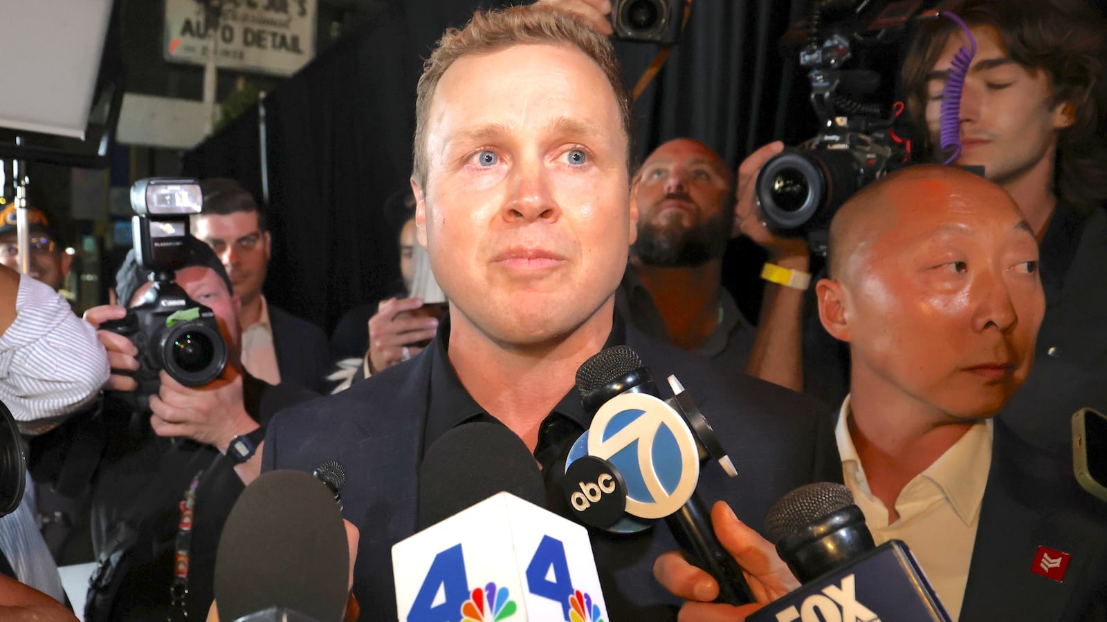 Los Angeles Mayoral candidate Spencer Pratt is seen speaking with the media outside Don Antonio's restaurant on June 02, 2026 in Los Angeles, California.