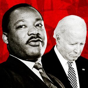 A photo illustration of Martin Luther King Jr. and President Joe Biden.