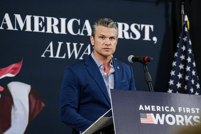 Secretary of War Pete Hegseth speaks on stage during an America First Workers Special Event on May 18, 2026 in Hebron, Kentucky. Hegseth, who came to support Ed Gallrein, Republican congressional candidate for Kentucky, for a campaign event held one day before Kentucky's Primary Election, where Trump-endorsed Gallrein is running against incumbent Thomas Massie.