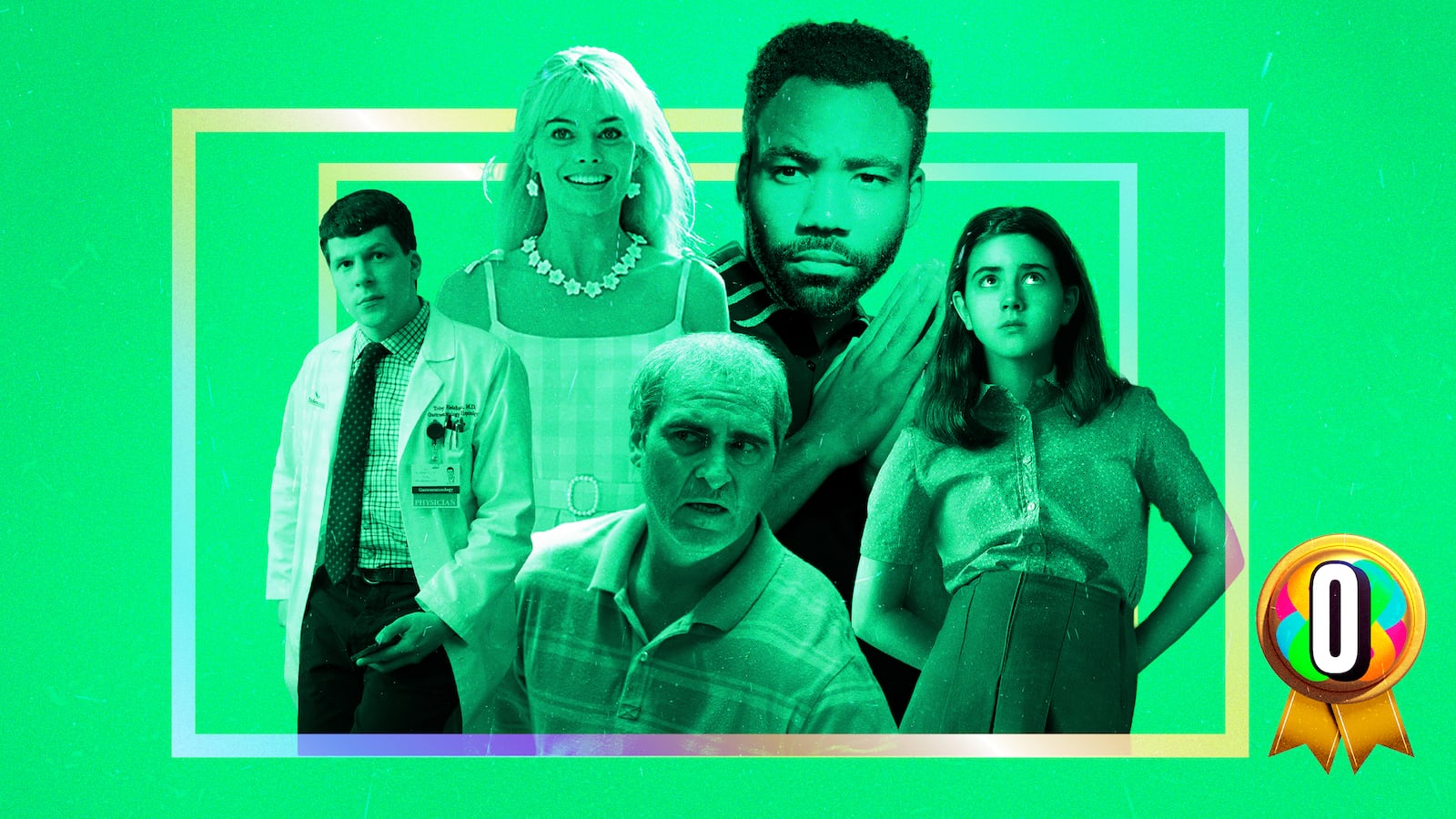 An illustration including images from Barbie movie, Atlanta, Fleishman is in Trouble, Beau is Afraid, Are You There God? It's Me, Margaret.