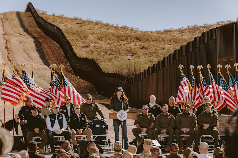 Homeland Security Secretary Kristi Noem speaks during a press conference near the border wall between the US and Mexico in Nogales, Arizona, on February 4, 2026.