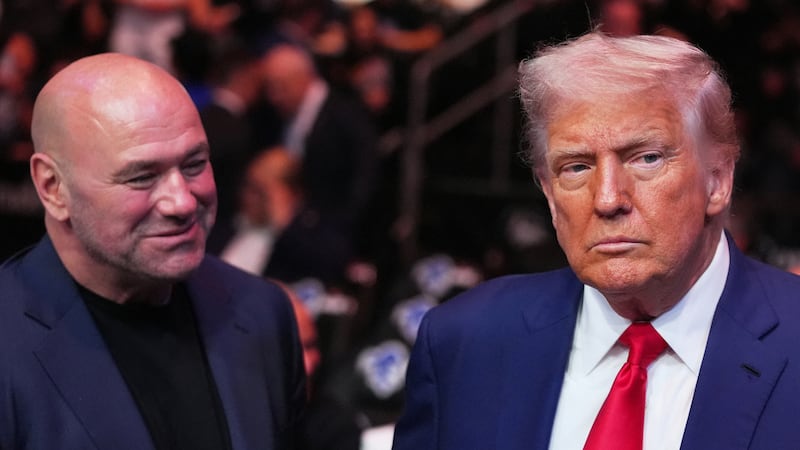 U.S. President Donald Trump attends the UFC-316 mixed martial arts event, at the Prudential Center, Saturday, June 7, 2025, in Newark, N.J., as UFC’s Dana White, looks on.   Frank Franklin II/Pool via REUTERS