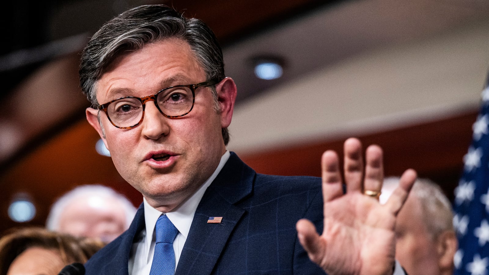 WASHINGTON, DC - NOVEMBER 18: Speaker of the House Mike Johnson (R-LA) speaks during a press conference on Capitol Hill on November 18, 2025 in Washington, DC. Johnson addressed the "Epstein Files" ahead of a House vote on legislation that instructs the U.S. Department of Justice to release all files related to the late accused sex trafficker Jeffrey Epstein. (Photo by Roberto Schmidt/Getty Images)