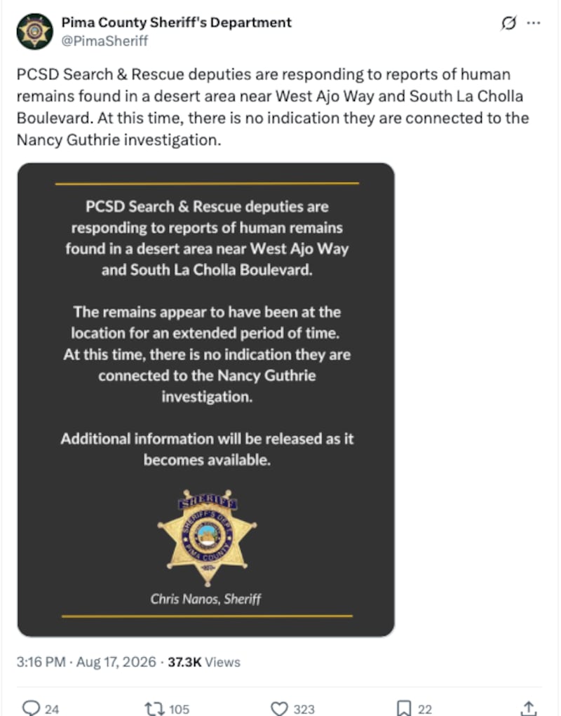The Pima County Sheriff's Department said human remains found in the desert weren't connected with Guthrie's disappearance.